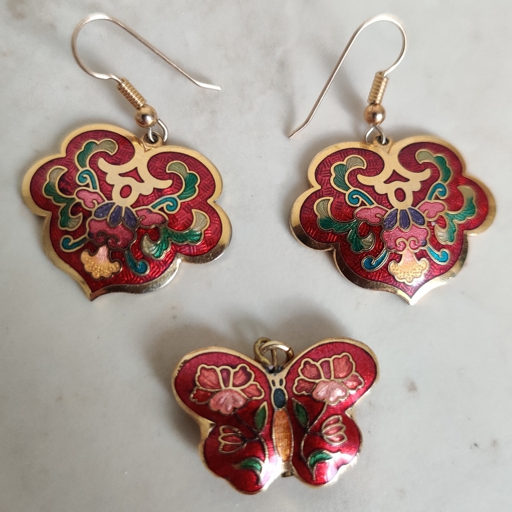 Vintage Cloisonne Enamel Earrings & Butterfly 🦋 Pendant Set